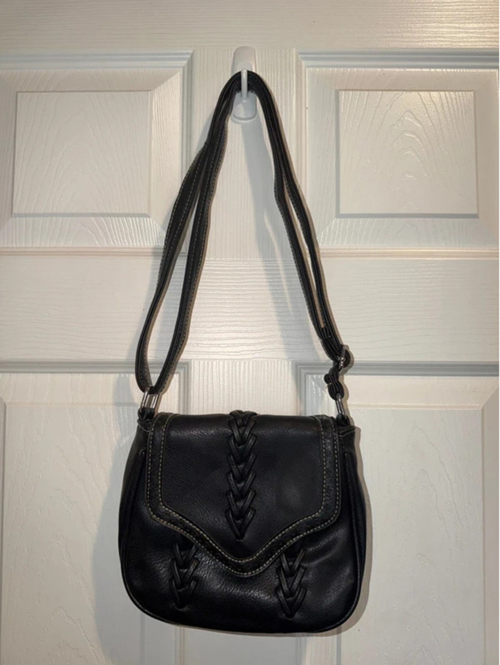 Black Faux Leather Braided Boho Crossbody Shoulder Bag Adjustable Strap